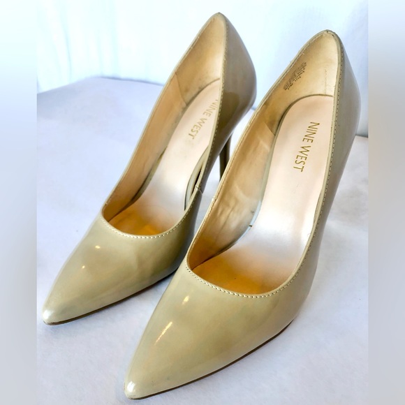 Nine West Patent Leather Heel Shoe Tan Cream Beige Size 7.5 M - Picture 3 of 14